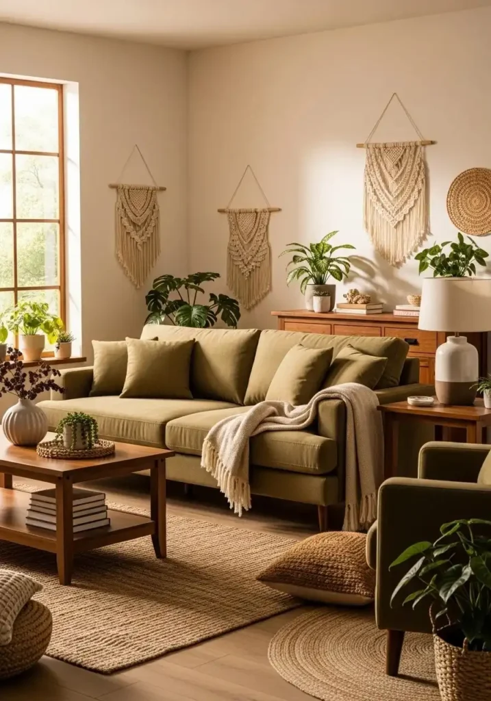 Olive green and brown living room color combination for earthy style