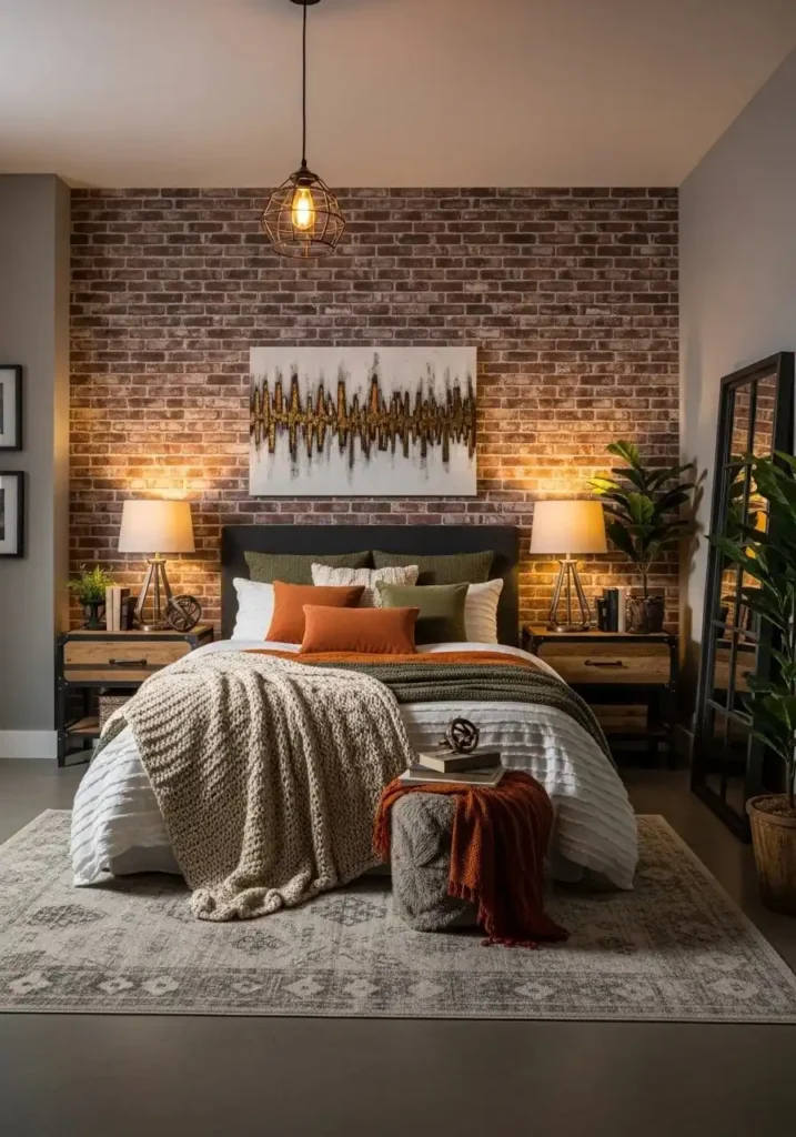 Brick wallpaper bedroom ideas for an urban and warm interior style