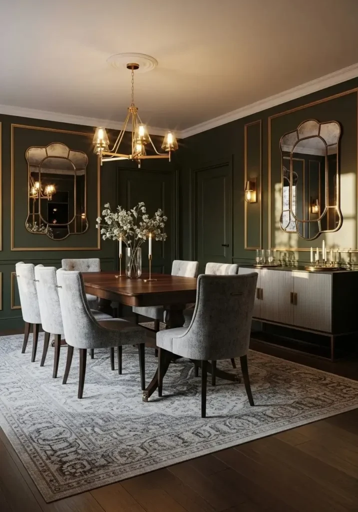 Dining room with dark green paneling creating a classic and elegant atmosphere