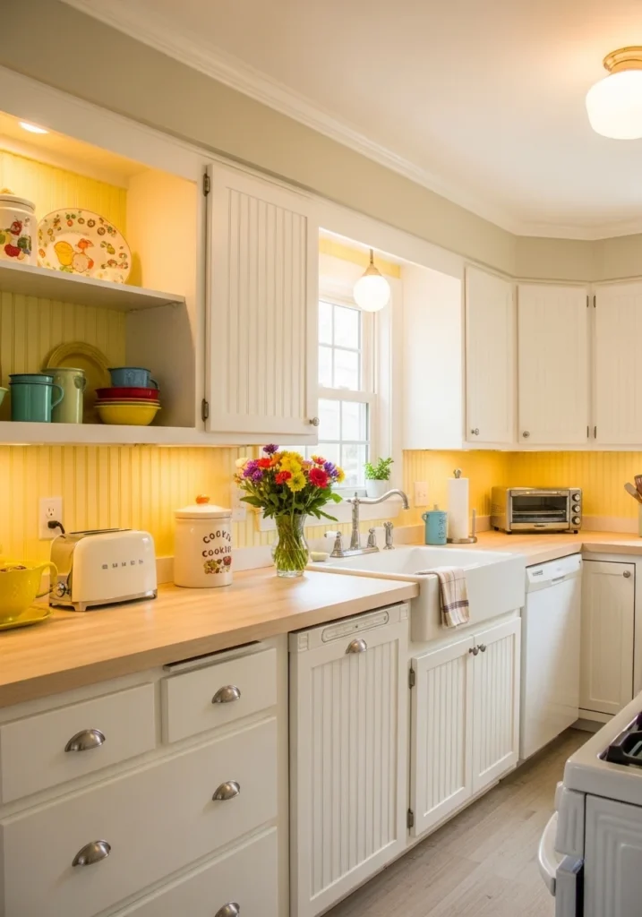 Yellow beadboard backsplash adding warmth and cheerful energy to kitchen