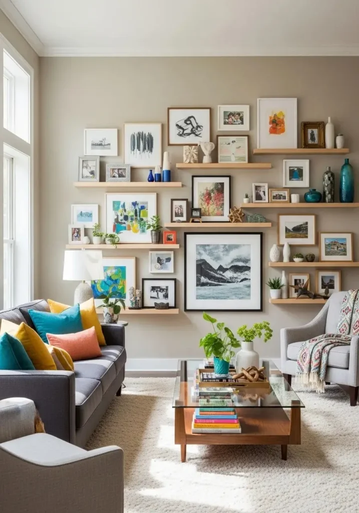 Gallery wall shelves displaying layered artwork and photos in a living room for a curated look.
