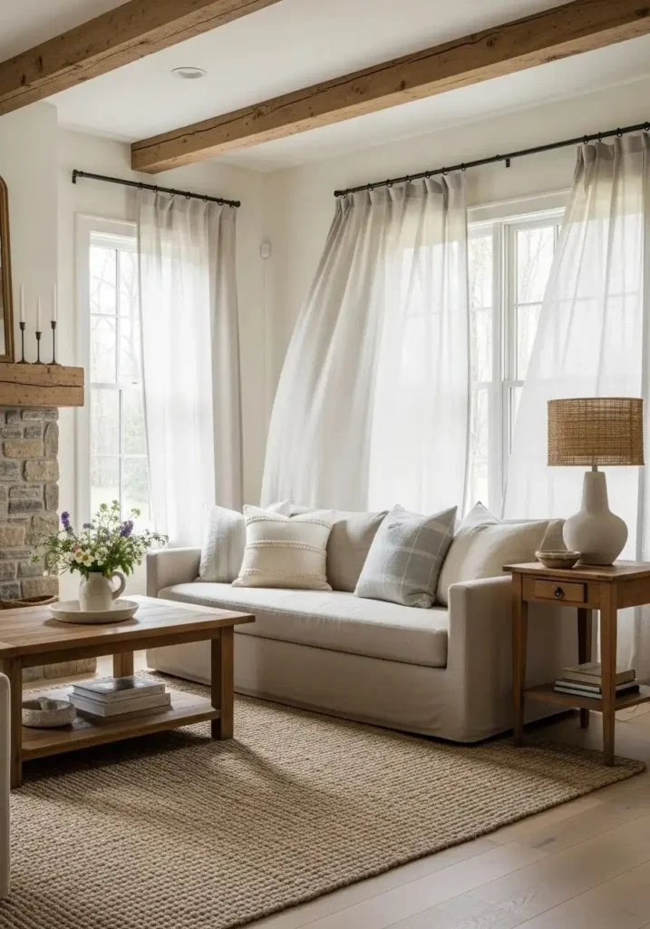 Light linen curtains in farmhouse living room creating soft airy atmosphere