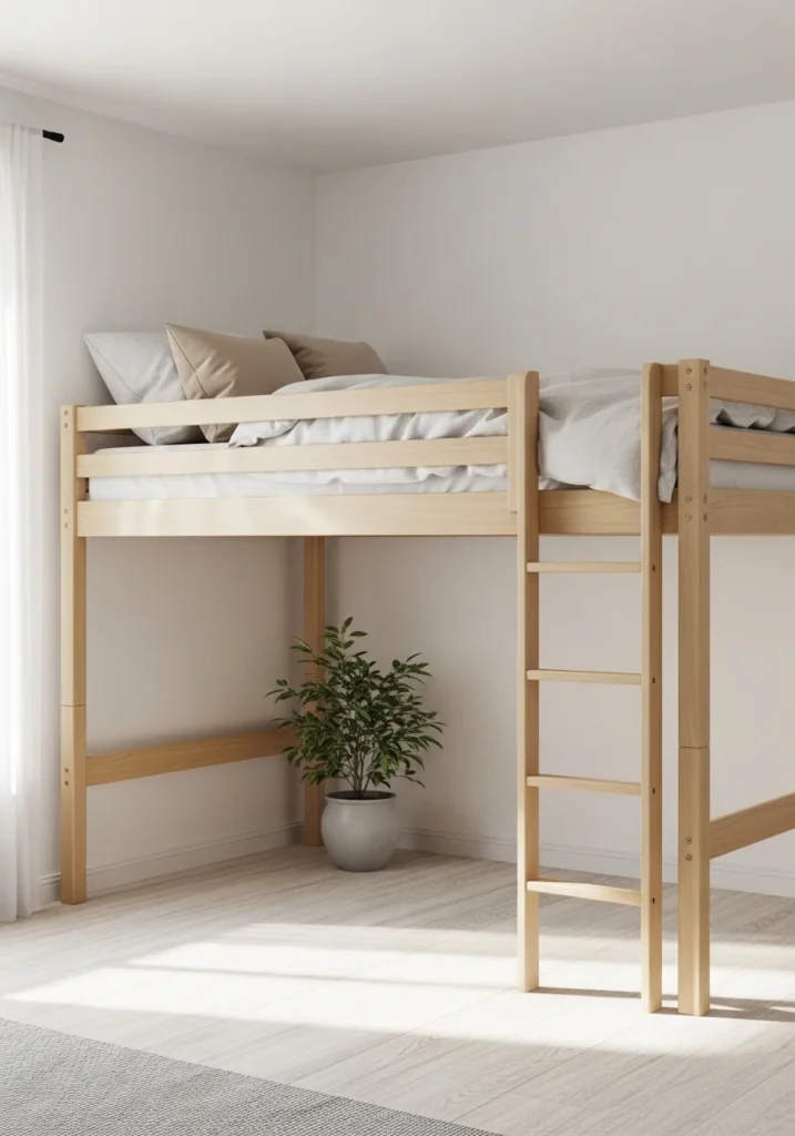 Minimalist wooden loft bed with neutral decor in a calm airy bedroom