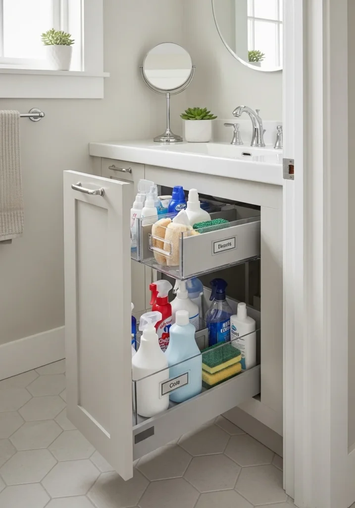 Organized under-sink storage with bins and drawers in a compact bathroom.