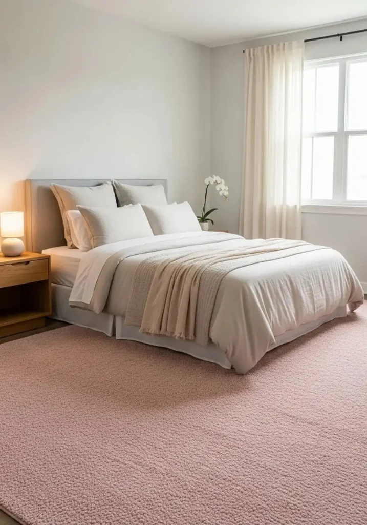 Pink rug adding warmth and comfort to a stylish bedroom