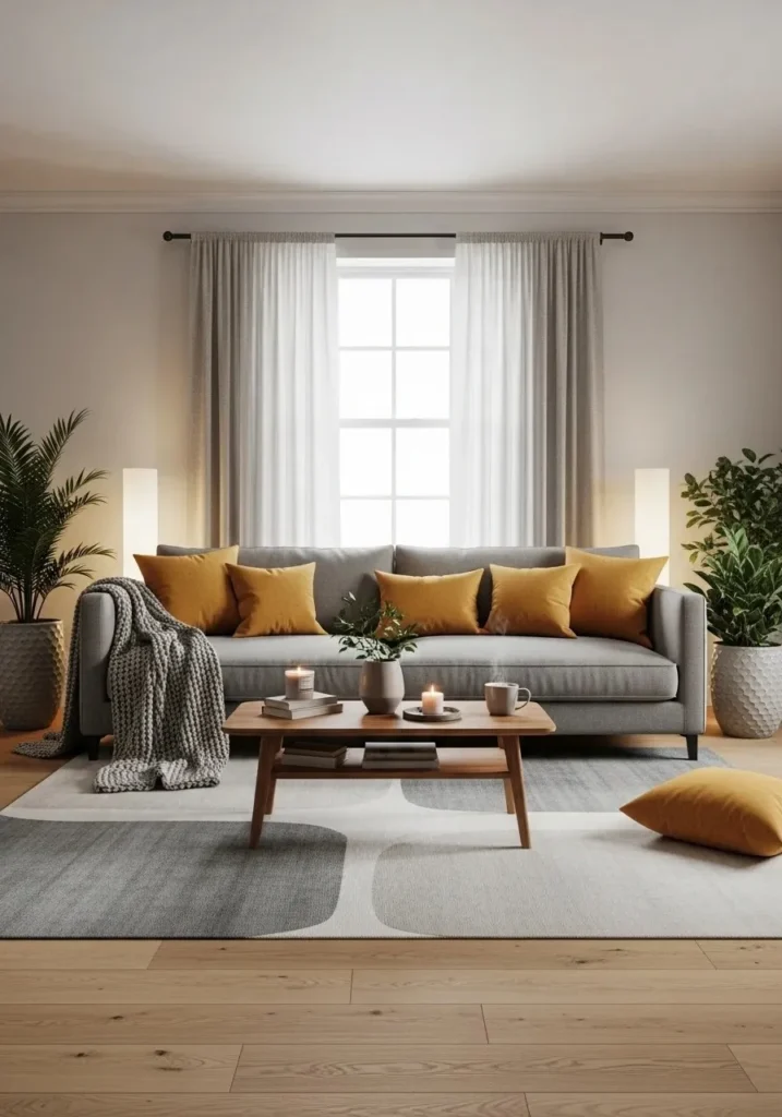Grey couch with mustard yellow accents adding energy and warmth