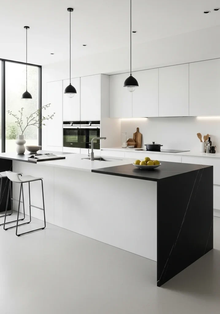 white countertops black waterfall edge kitchen island idea