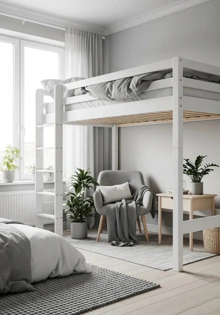Scandinavian loft bed with clean lines and minimal styling