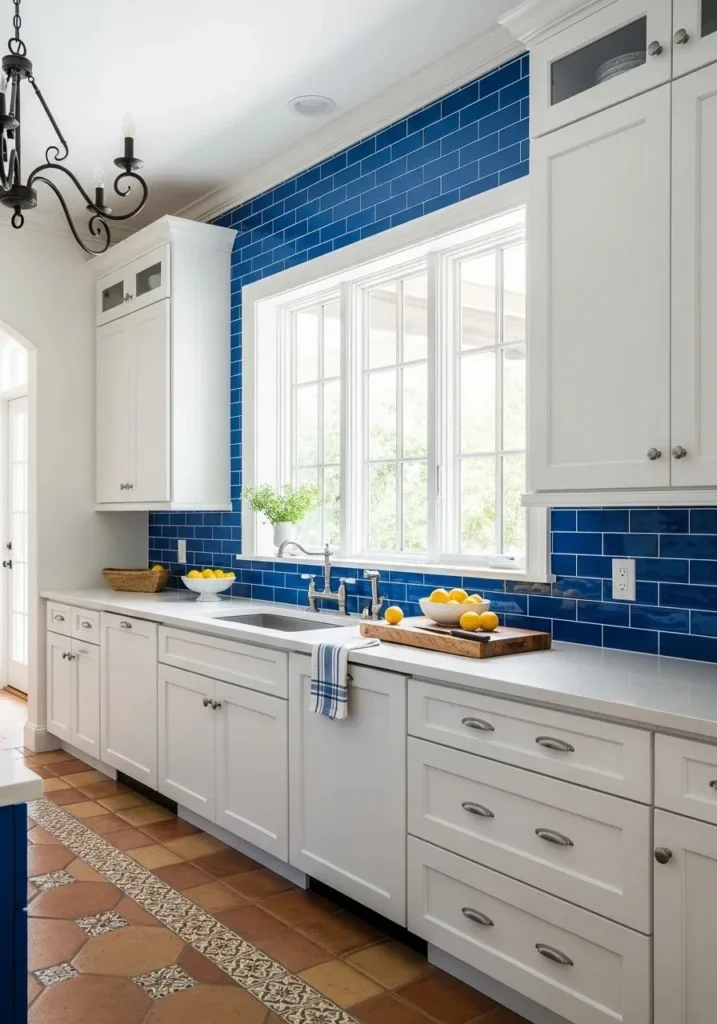 Cobalt blue tile backsplash adding bold color to kitchen