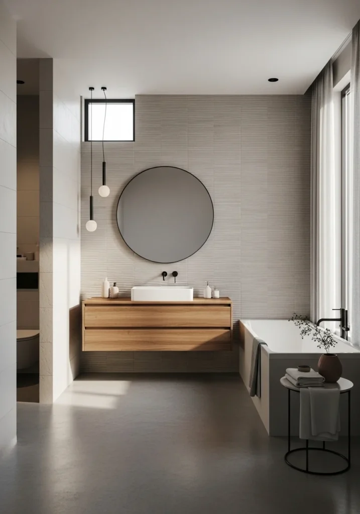 Textured tiles in bathroom adding depth and visual interest