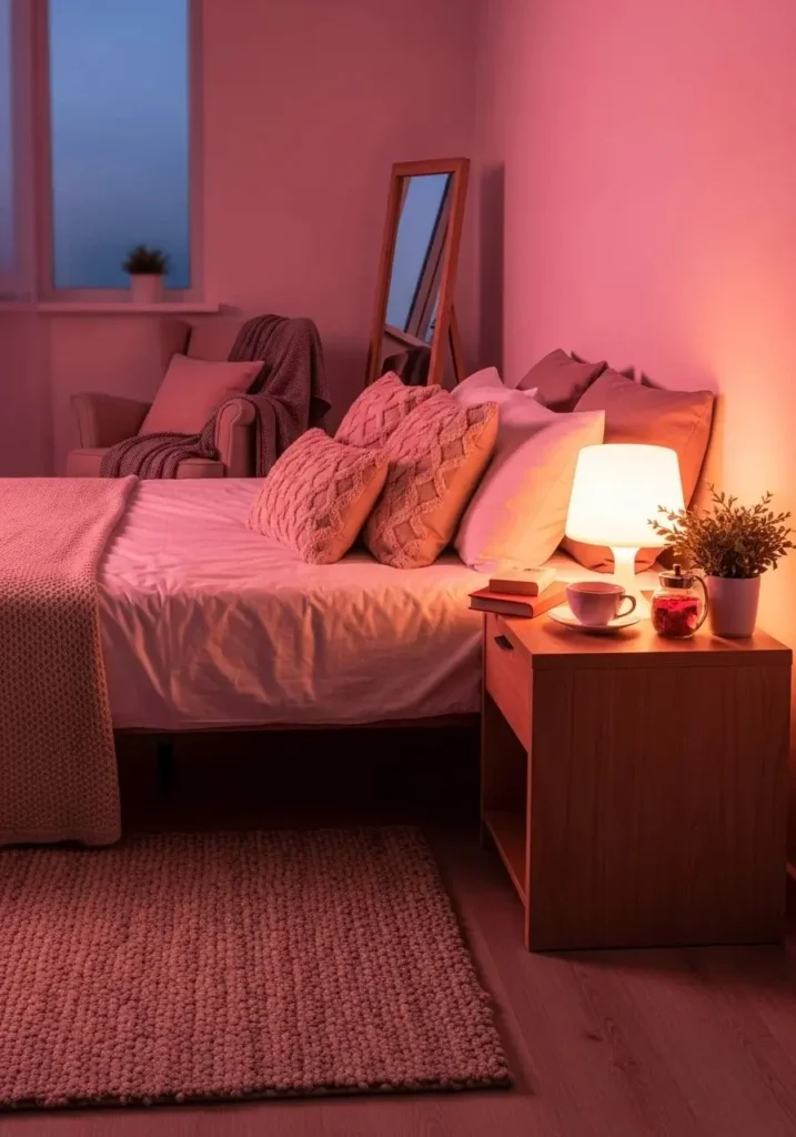 Soft pink lighting creating a warm and relaxing bedroom ambiance