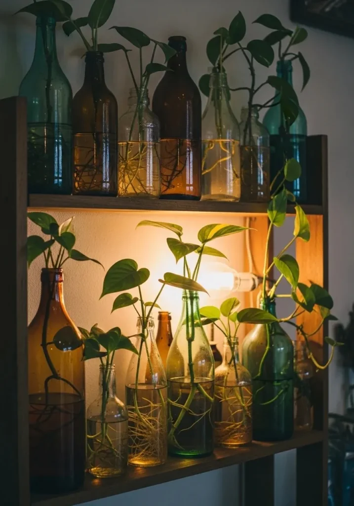 Vintage glass bottles used as water plant containers on rustic shelf