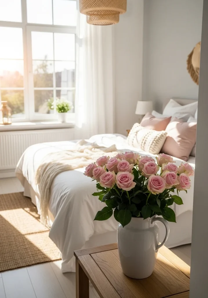 Fresh pink flowers adding life and beauty to bedroom decor