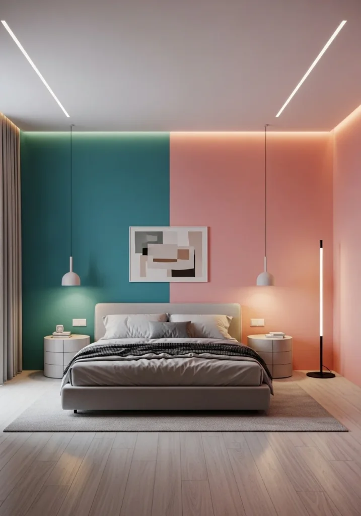 Teal and pink color-blocked modern bedroom design