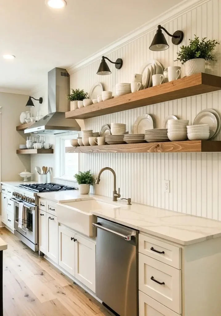 Beadboard backsplash with open shelves creating a styled kitchen look
