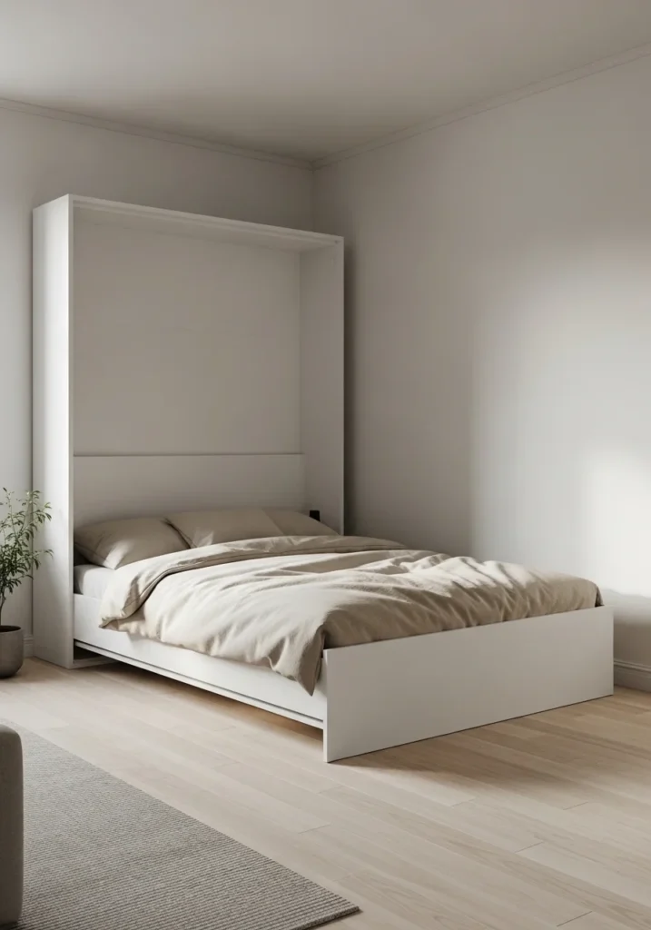 Minimalist white Murphy bed wall in a bright Scandinavian small room