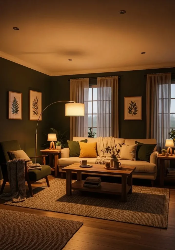 Dark green and wood living room color combination for cozy depth
