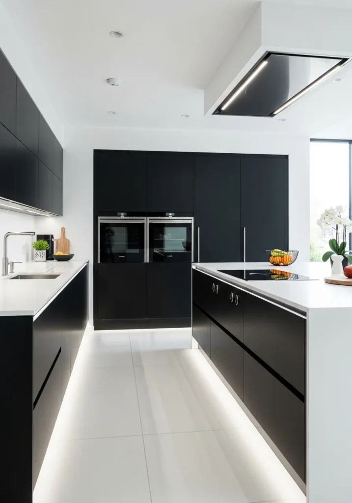 white countertops black cabinets kitchen contrast design
