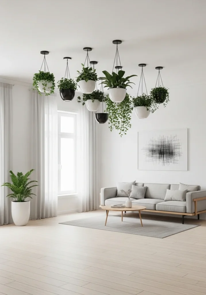 minimal ceiling hanging plants indoor ideas with modern pots