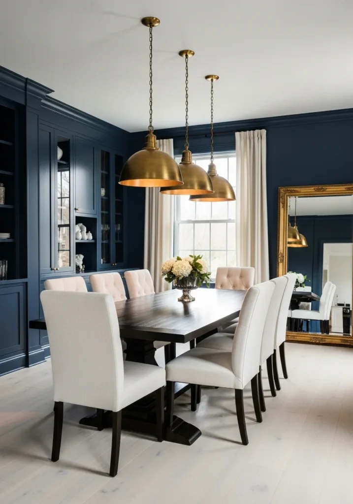 Navy blue dining room with color drenching and elegant lighting