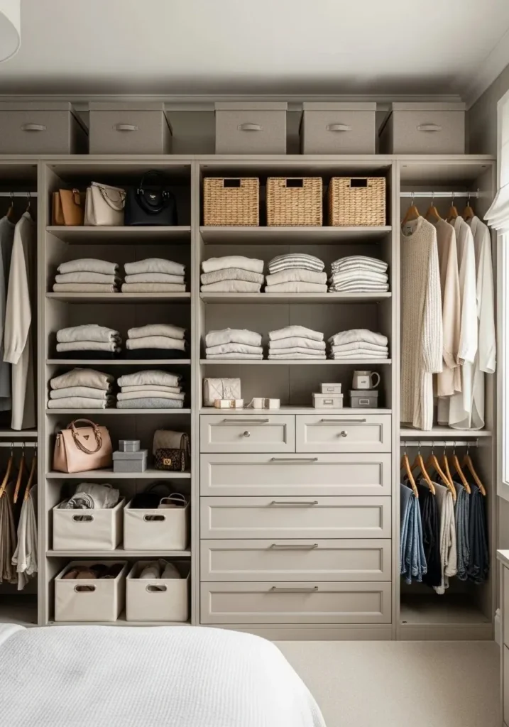 floor to ceiling open shelving closet with organized storage boxes