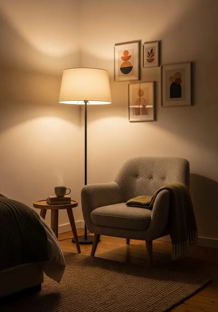 Warm ambient floor lamp creating cozy bedroom corner