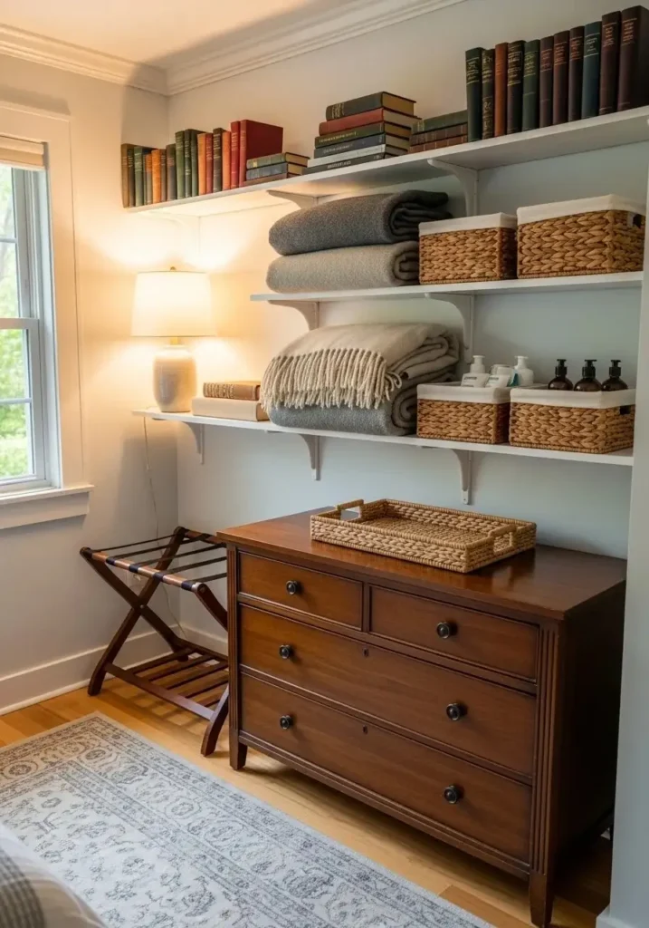Guest room storage solutions with dresser, shelves, and baskets for a clutter-free and welcoming space.