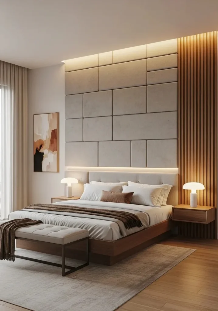 Textured wall panels adding depth and style to bedroom
