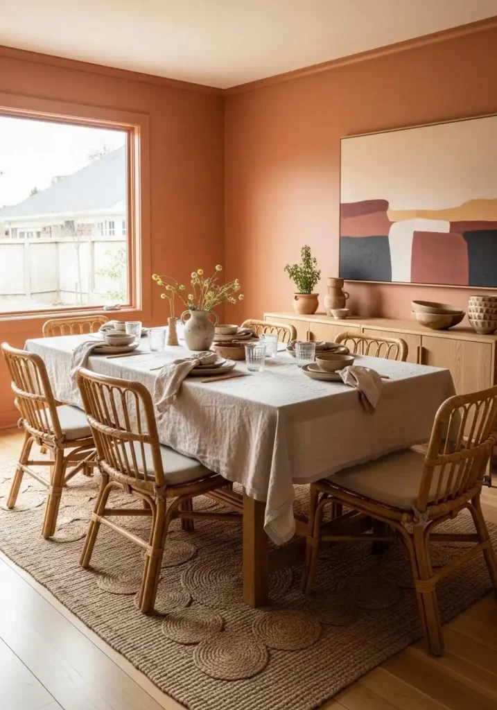 Terracotta dining room with warm earthy color drenched design