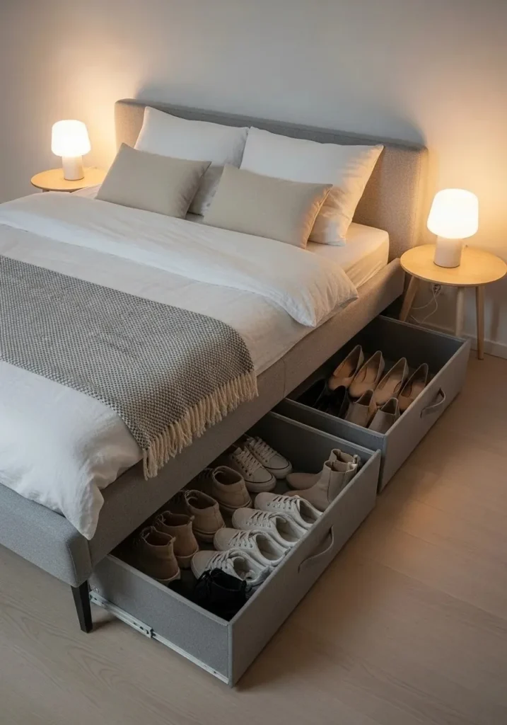 Under bed shoe storage drawers keeping shoes hidden in a small bedroom