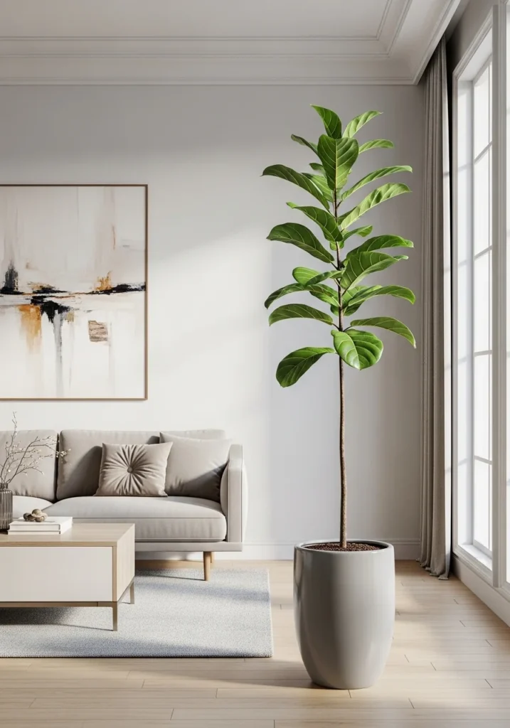 Large statement flower pot with tall plant shown fully in living room