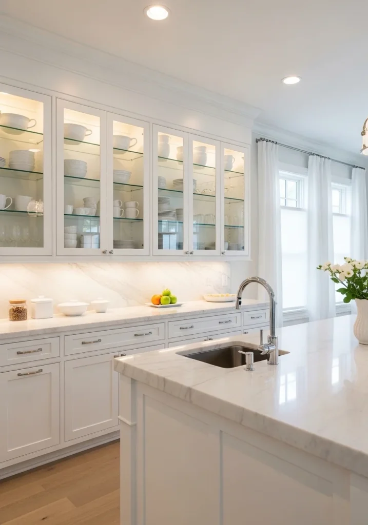 glass cabinet white kitchen ideas elegant storage