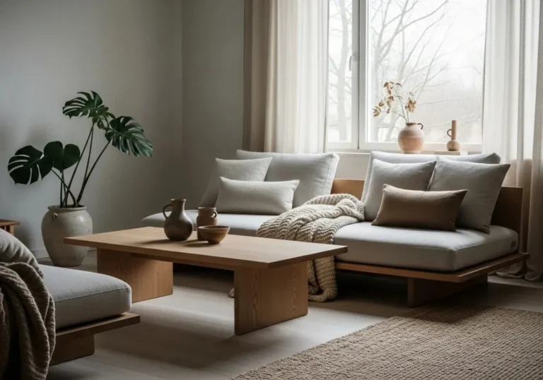 Japandi living room ideas with neutral tones and minimal cozy design