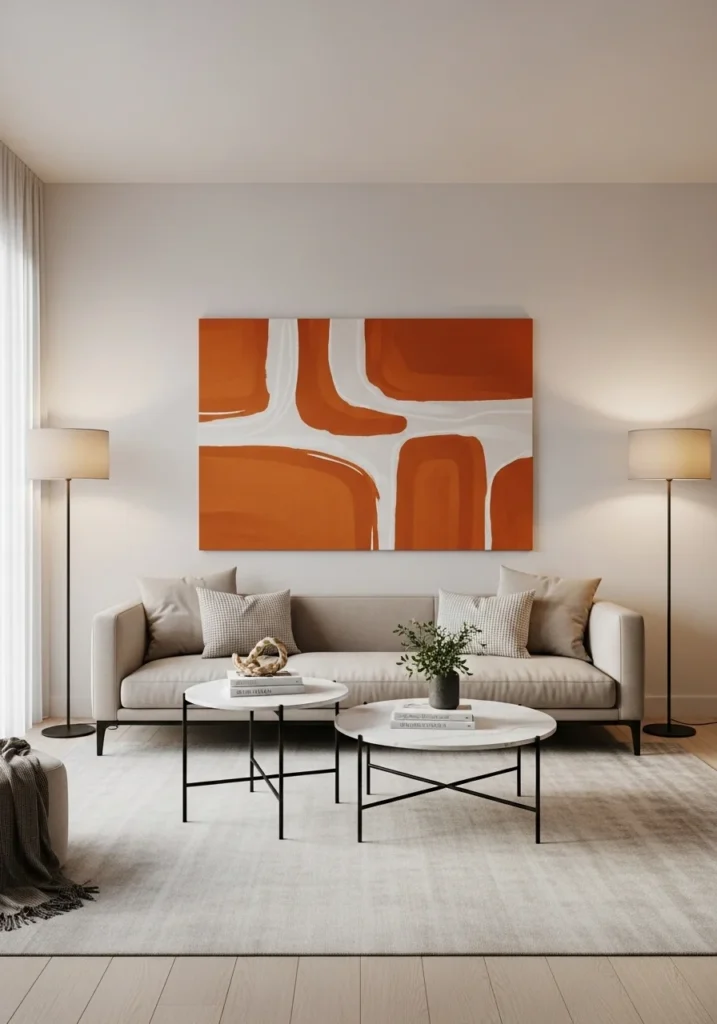 Burnt orange wall art creating a strong focal point in living room decor