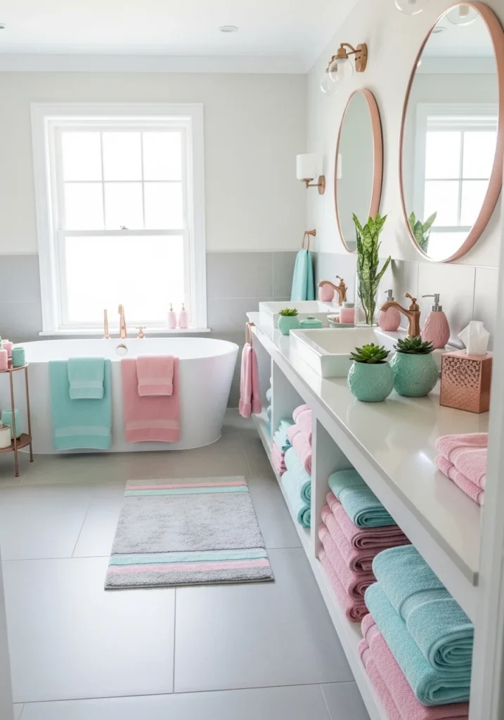 Bathroom with pastel accents creating a soft, calming, and gentle aesthetic