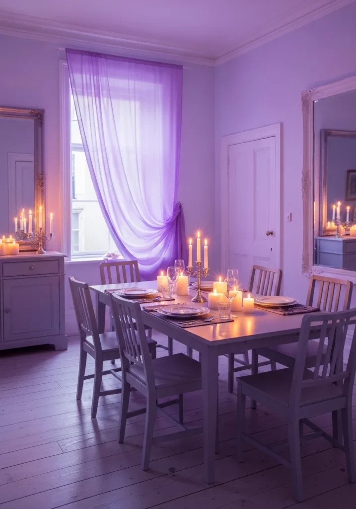 Lavender color drenched dining room with soft dreamy feel