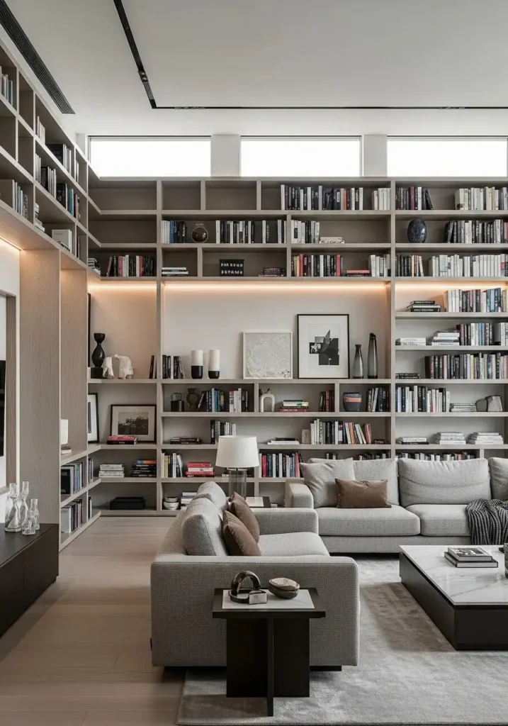 Built-in shelving in luxury living room creating polished and structured interior style.