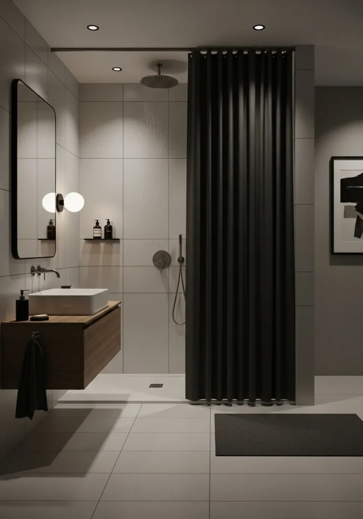 Dark bathroom curtain creating a bold and dramatic modern look