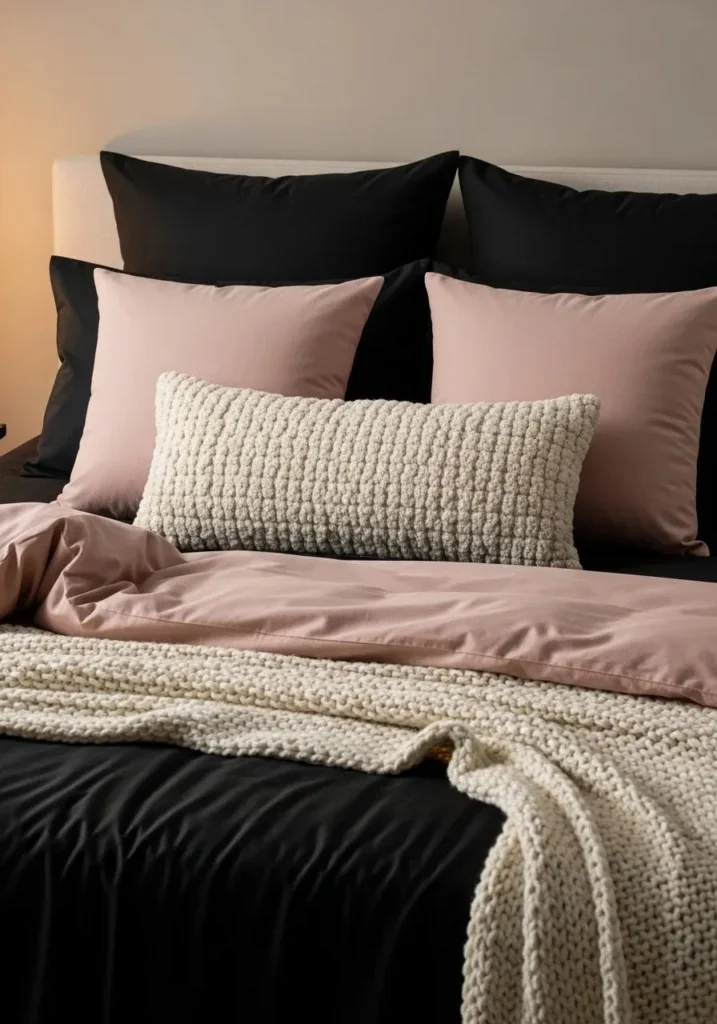 Layered pink and black bedding with cozy textures and soft styling