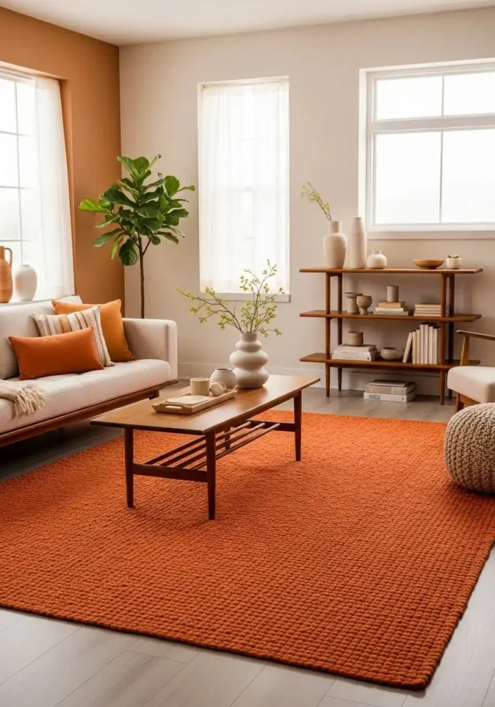 Textured burnt orange rug adding depth and warmth to living room floor