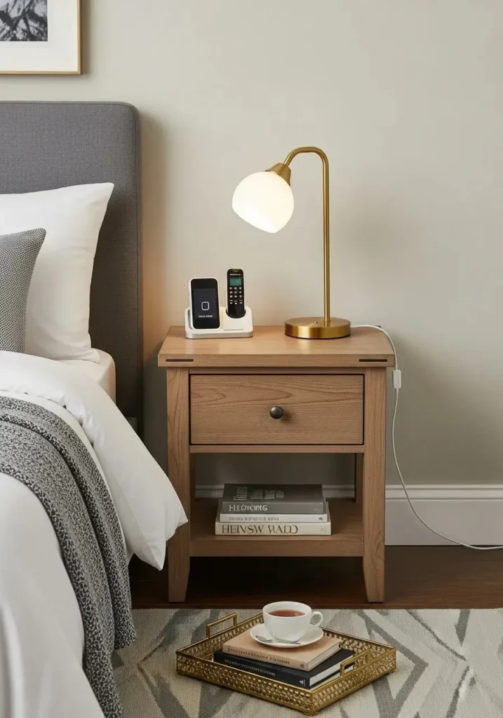 Functional guest room nightstand with lamp, drawers, and decorative accents for convenience and style.