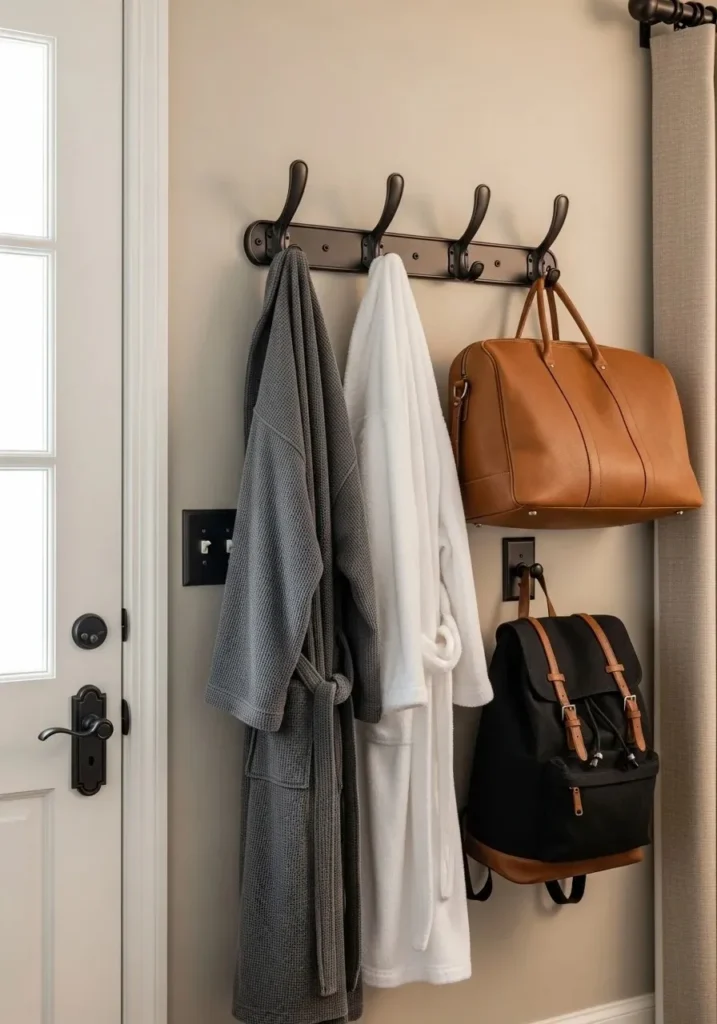 Guest room wall hooks providing functional hanging storage while adding stylish detail.