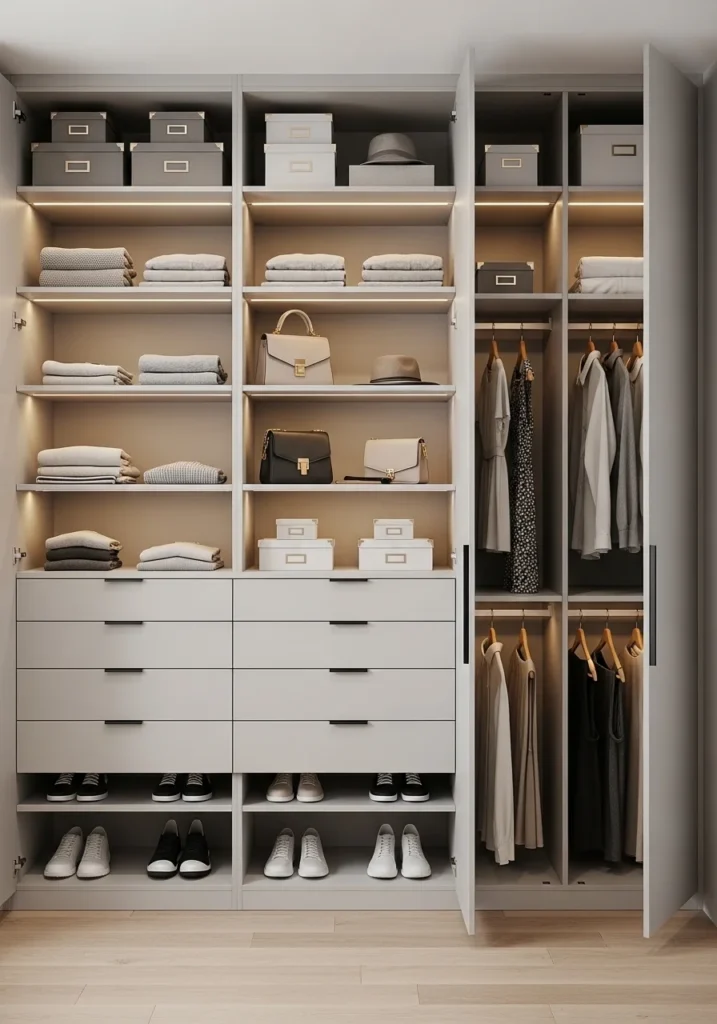 Closed cabinets in closet hiding clutter for a clean look