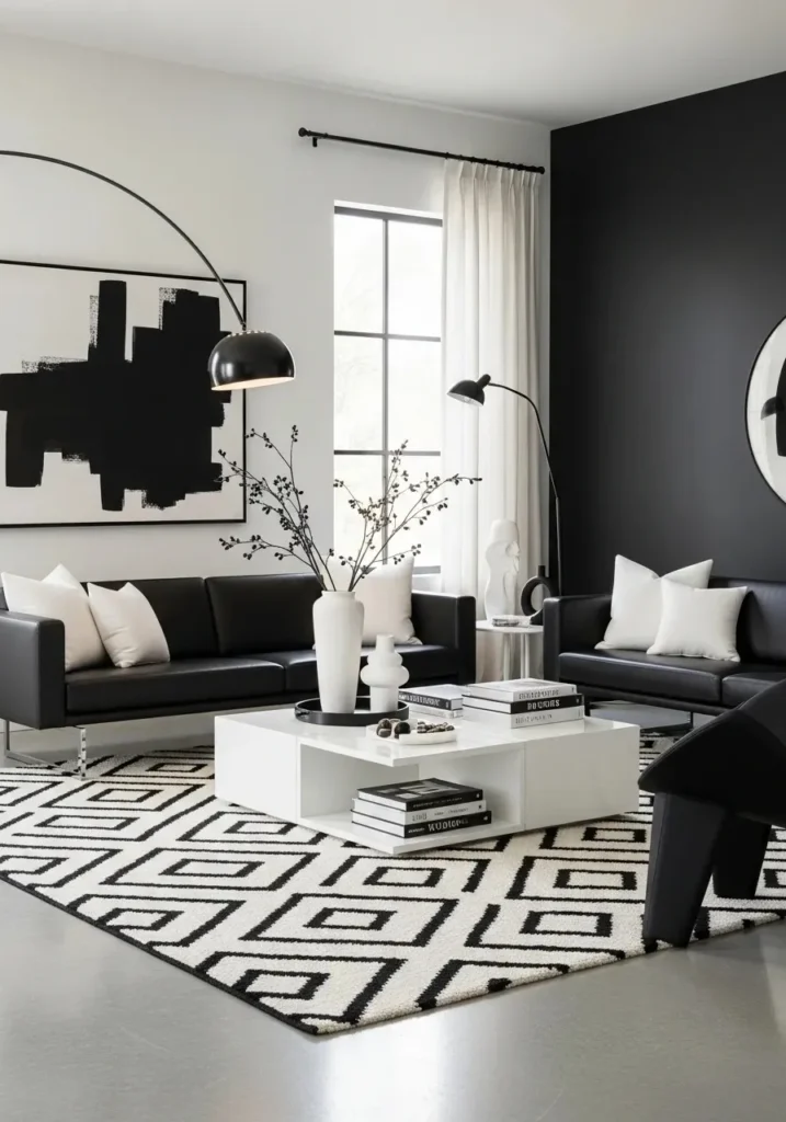 Black and white living room color combination for modern contrast style