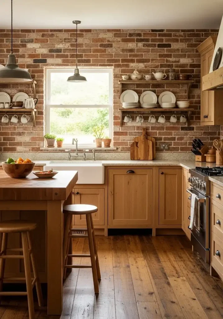 Exposed brick backsplash adding rustic character to kitchen
