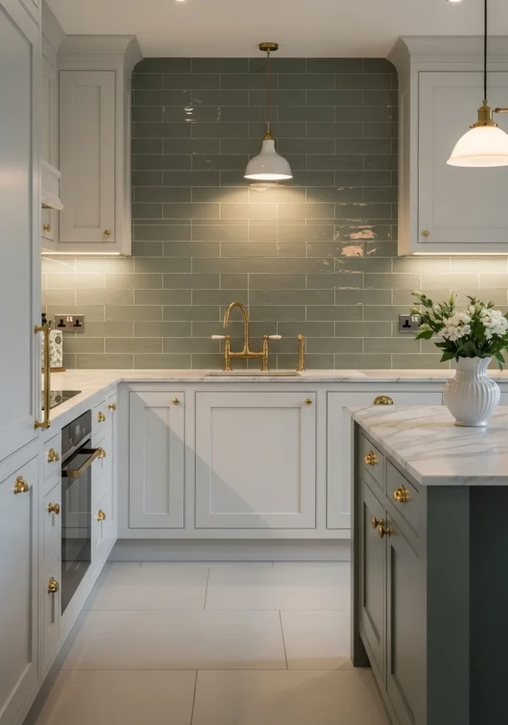 Glossy sage green tile backsplash for a fresh modern kitchen look
