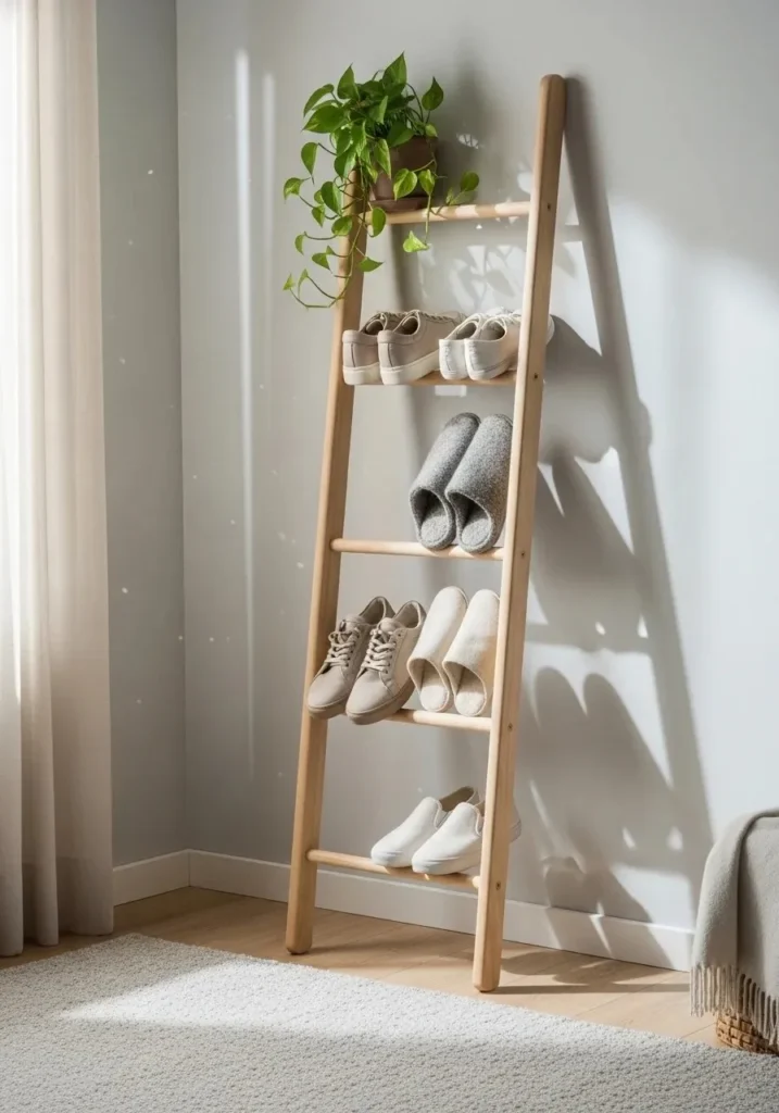 Ladder shoe rack in corner for small space storage with modern decor