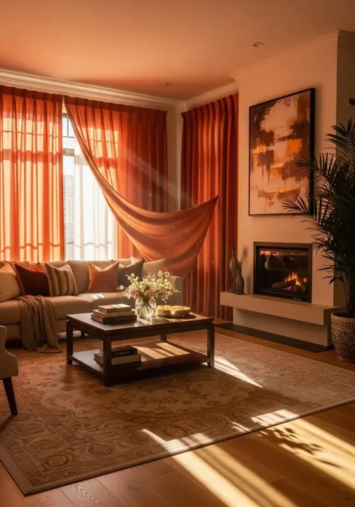 Burnt orange curtains creating a warm and soft natural light effect