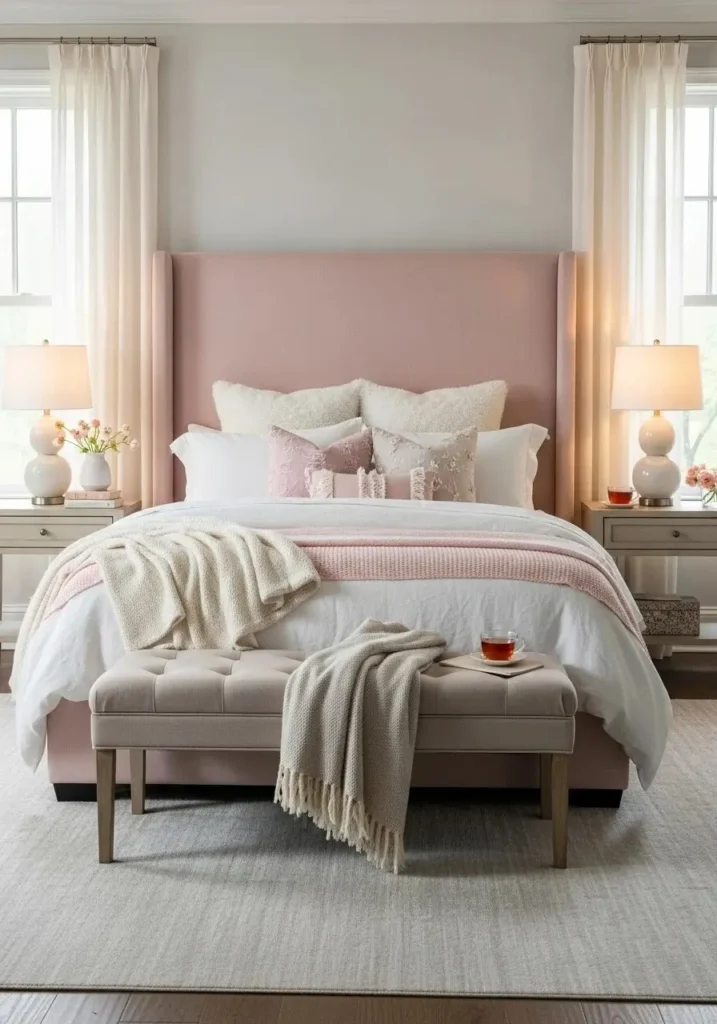Pink upholstered headboard creating a cozy and stylish bedroom focal point