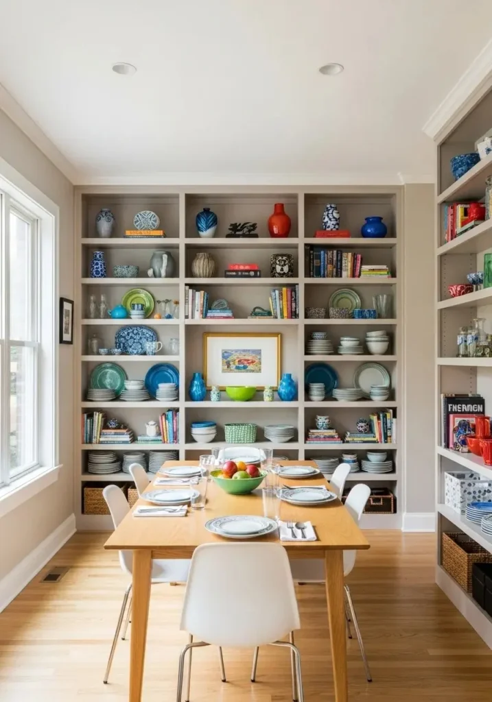 Colorful shelving display combining storage and decorative style in a dining space